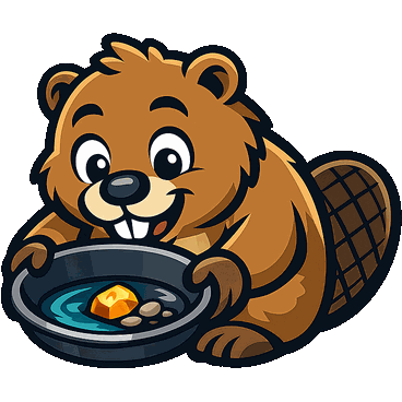 Coloma the beaver, panning a river and finding a gold nugget.